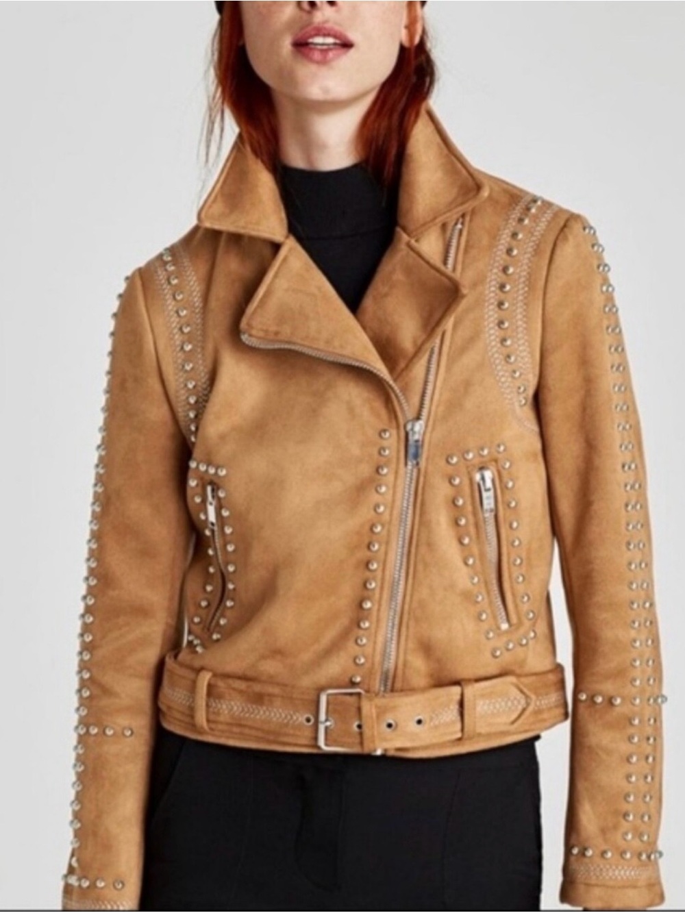 Driftwood Tan Faux Suede Studded Moto Jacket Size Medium